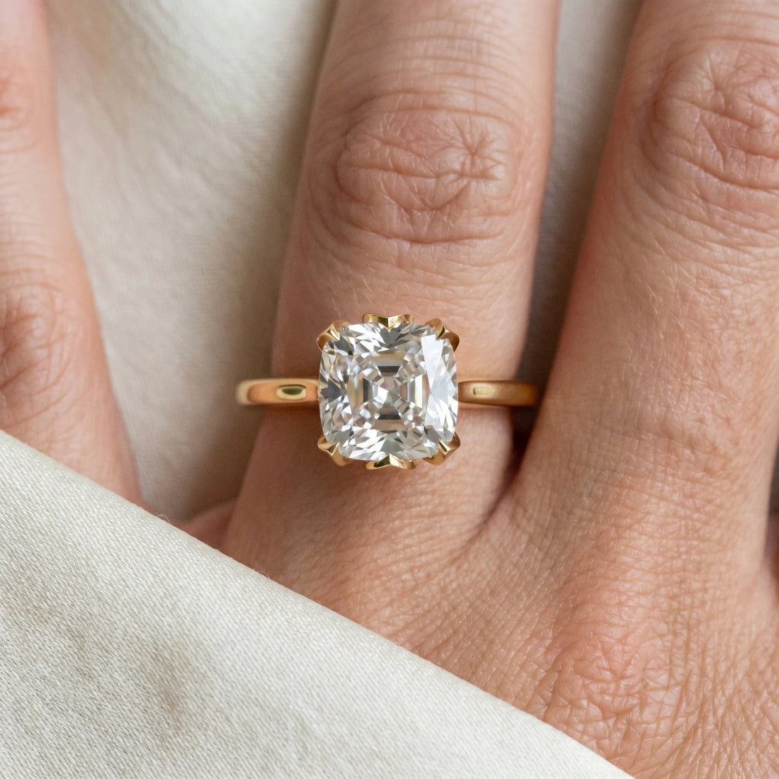 Yellow gold Cushion Cut Diamond Solitaire Ring with Flower Prong Setting and Classic Band_213