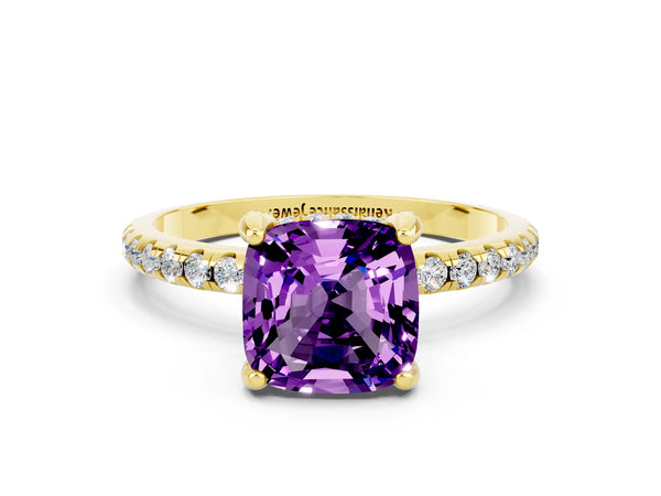 Yellow gold Cushion Cut Amethyst Hidden Halo Engagement Ring with Round Pavé Band and Prong Setting