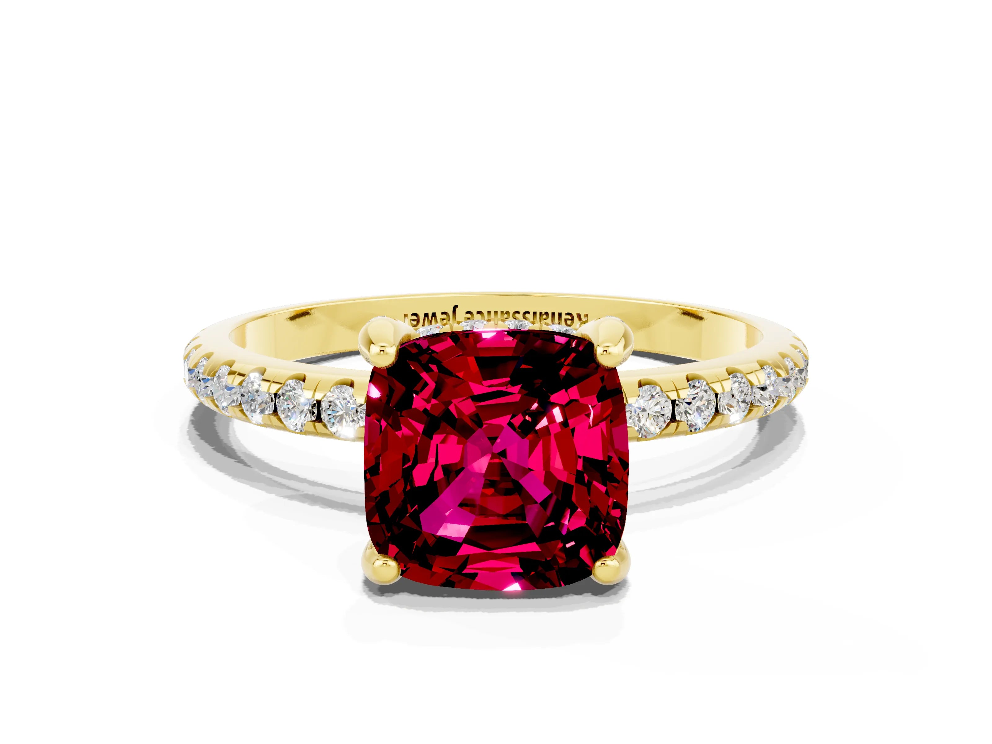 Yellow gold Cushion Cut Diamond Solitaire Ring with Four-Prong Setting and Pavé Band