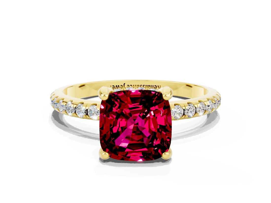 Yellow gold Cushion Cut Diamond Solitaire Ring with Four-Prong Setting and Pavé Band