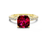 Yellow gold Cushion Cut Diamond Solitaire Ring with Four-Prong Setting and Pavé Band