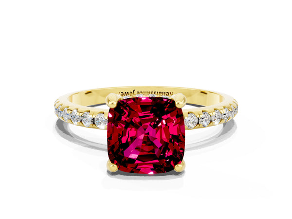 Yellow gold Cushion Cut Garnet Hidden Halo Engagement Ring with Round Pavé Band and Prong Setting