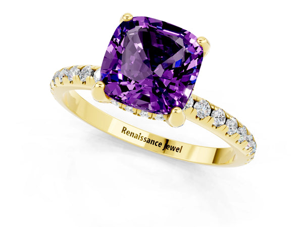 Yellow gold Cushion Cut Amethyst Hidden Halo Engagement Ring with Round Pavé Band and Prong Setting