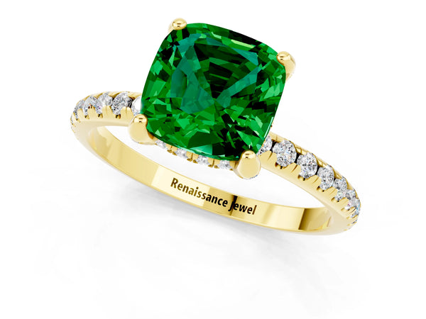 Yellow gold Cushion Cut Emerald Hidden Halo Engagement Ring with Round Pavé Band and Prong Setting