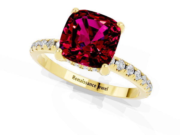 Yellow gold Cushion Cut Garnet Hidden Halo Engagement Ring with Round Pavé Band and Prong Setting