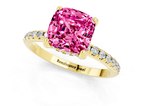 Yellow gold Cushion Cut Diamond Solitaire Ring with Four-Prong Setting and Pavé Band_1
