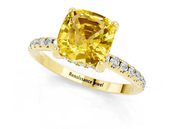 Yellow gold Cushion Cut Yellow Sapphire Hidden Halo Engagement Ring with Round Pavé Band and Prong Setting