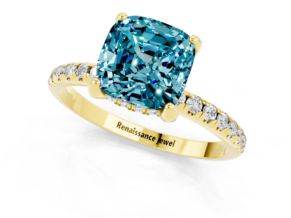 Yellow gold Cushion Cut Diamond Solitaire Ring with Four-Prong Setting and Pavé Band