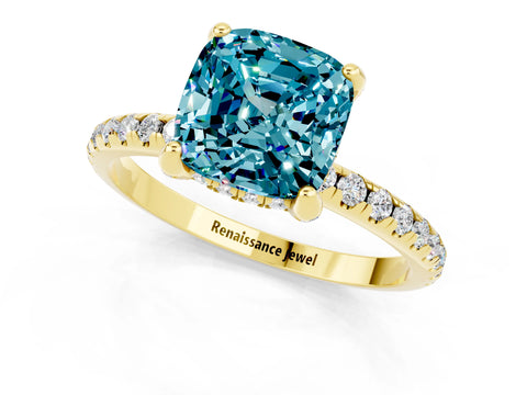 Yellow gold Cushion Cut Diamond Solitaire Ring with Four-Prong Setting and Pavé Band_1