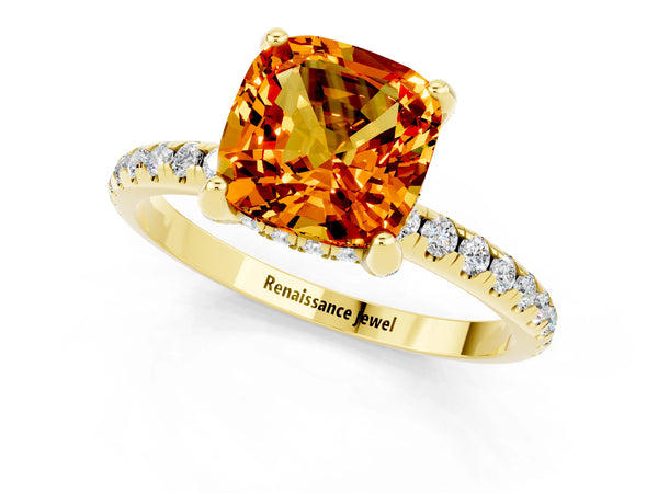 Yellow gold Cushion Cut Citrine Hidden Halo Engagement Ring with Round Pavé Band and Prong Setting
