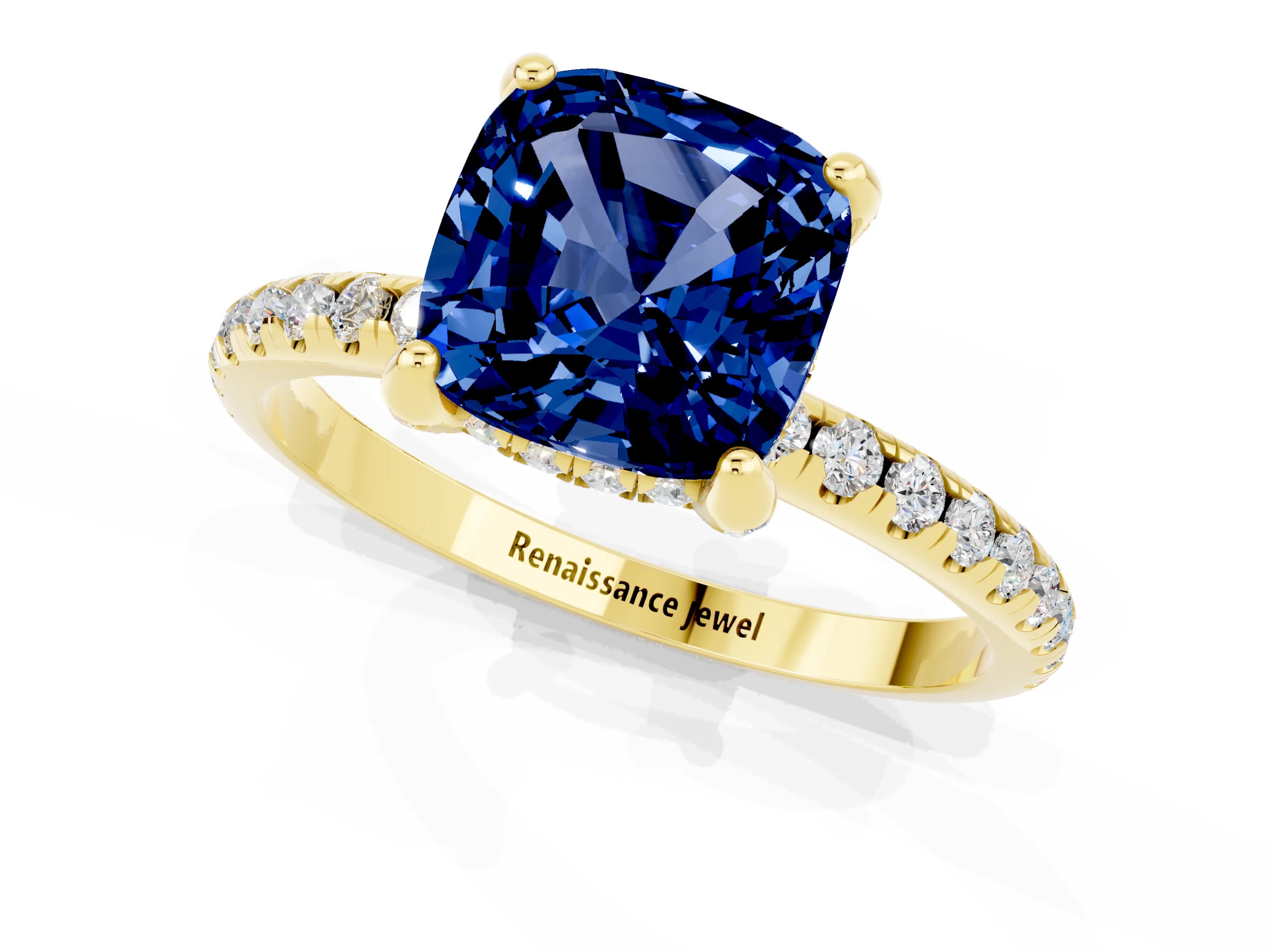 Yellow gold Cushion Cut Diamond Solitaire Ring with Four-Prong Setting and Pavé Band_1