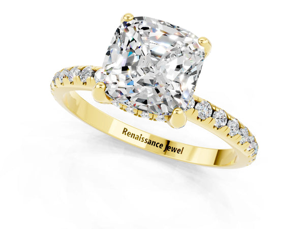 Yellow gold Cushion Cut Moissanite Hidden Halo Engagement Ring with Round Pavé Band and Prong Setting