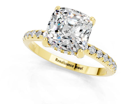 Yellow gold Cushion Cut Diamond Solitaire Ring with Four-Prong Setting and Pavé Band_1