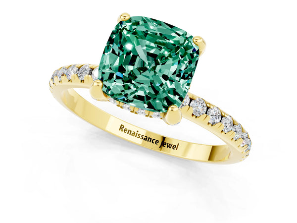 Yellow gold Cushion Cut Green Sapphire Hidden Halo Engagement Ring with Round Pavé Band and Prong Setting