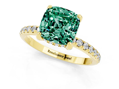 Yellow gold Cushion Cut Diamond Solitaire Ring with Four-Prong Setting and Pavé Band_1