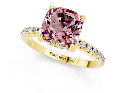 Yellow gold Cushion Cut Diamond Solitaire Ring with Four-Prong Setting and Pavé Band_1
