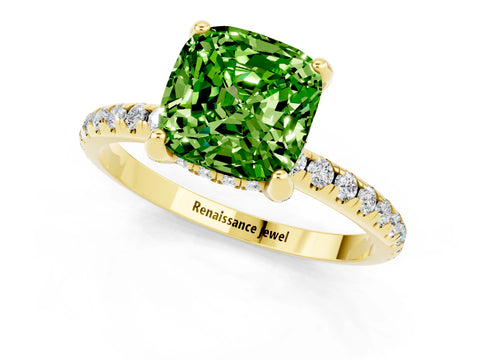 Yellow gold Cushion Cut Diamond Solitaire Ring with Four-Prong Setting and Pavé Band_1