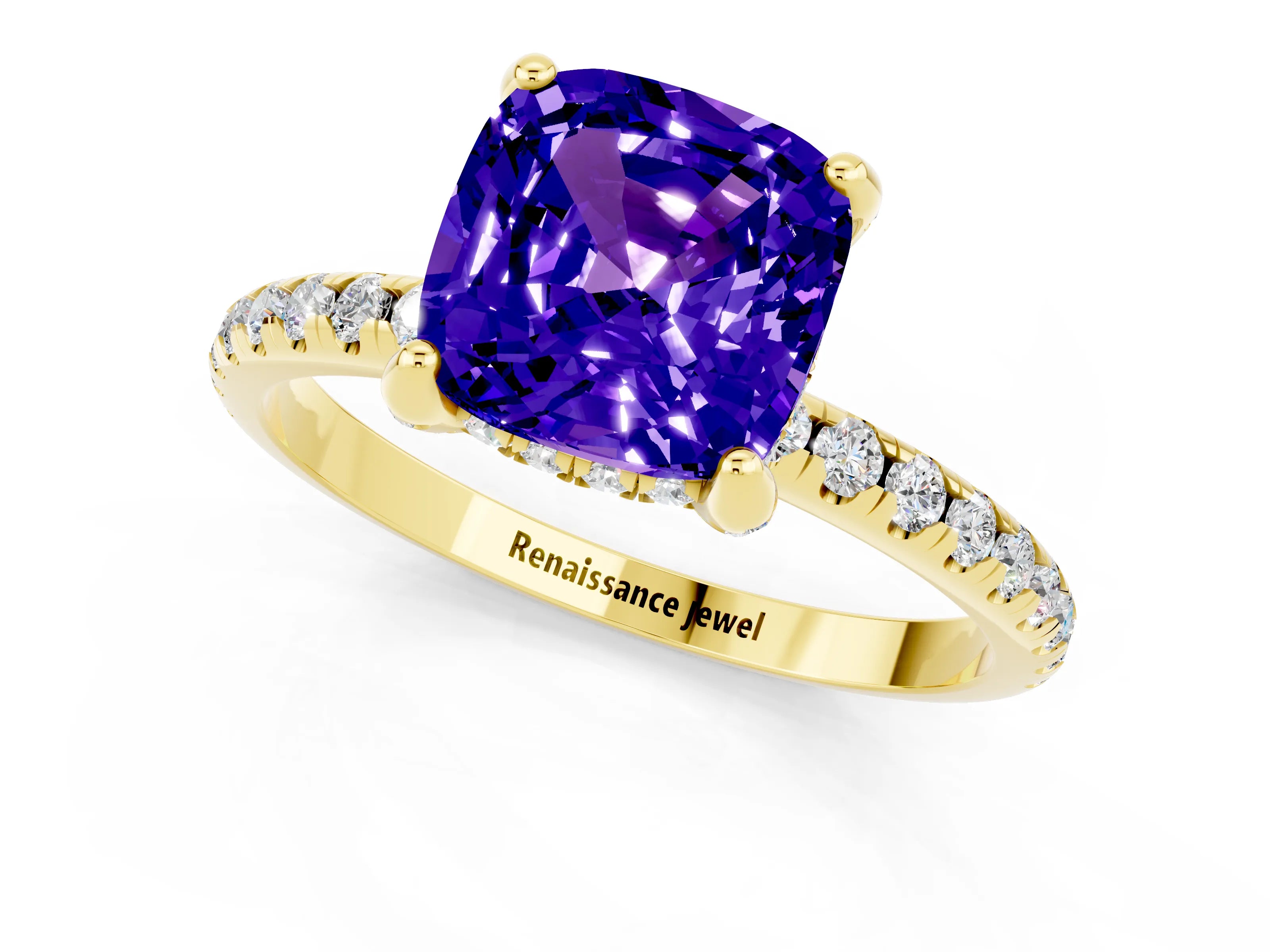Yellow gold Cushion Cut Diamond Solitaire Ring with Four-Prong Setting and Pavé Band_1