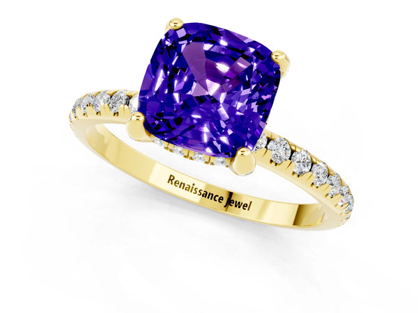 Yellow gold Cushion Cut Tanzanite Hidden Halo Engagement Ring with Round Pavé Band and Prong Setting
