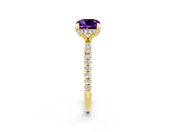 Yellow gold Cushion Cut Amethyst Hidden Halo Engagement Ring with Round Pavé Band and Prong Setting