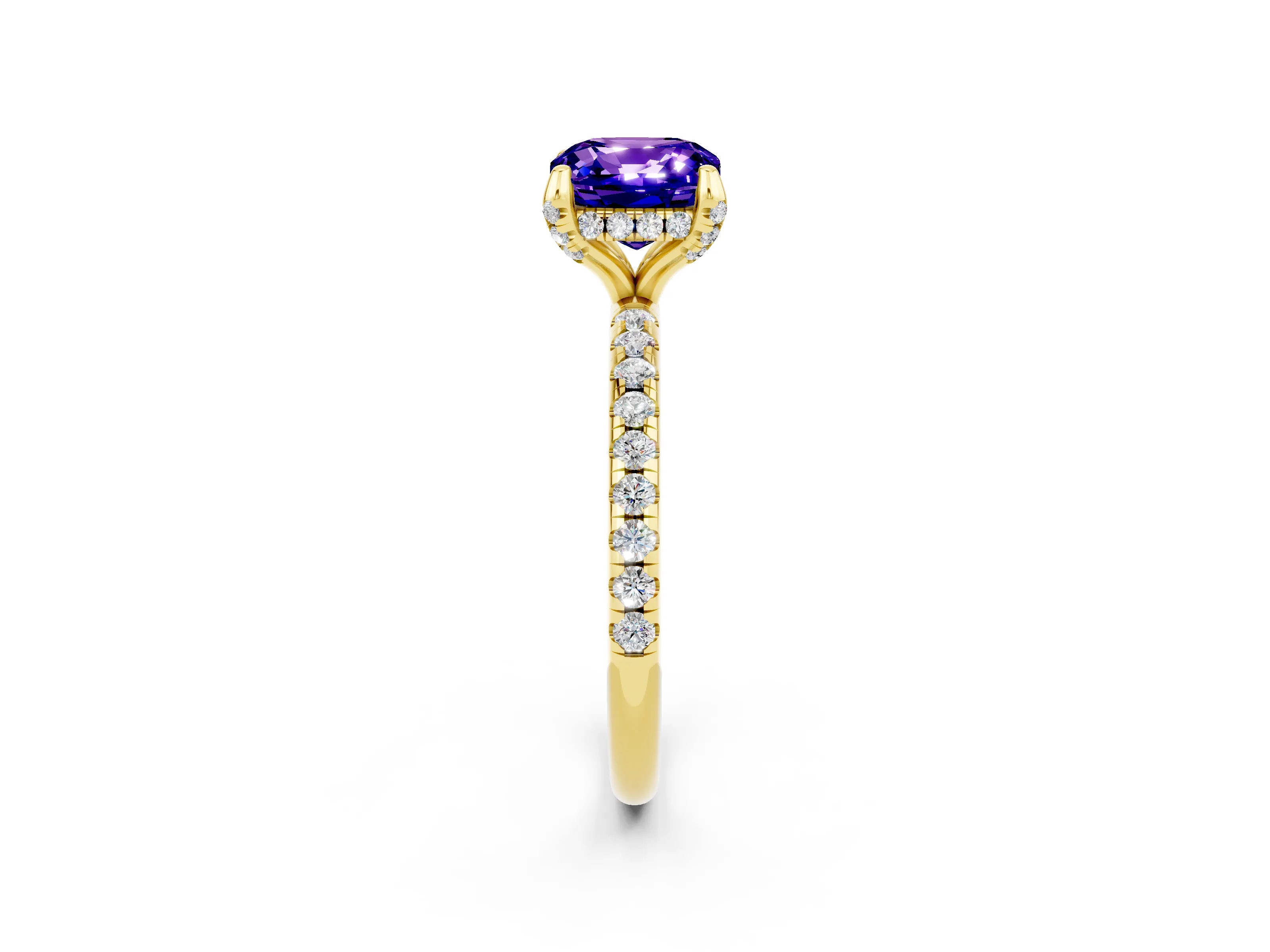 Yellow gold Cushion Cut Diamond Solitaire Ring with Four-Prong Setting and Pavé Band_2