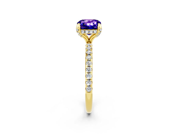 Yellow gold Cushion Cut Tanzanite Hidden Halo Engagement Ring with Round Pavé Band and Prong Setting