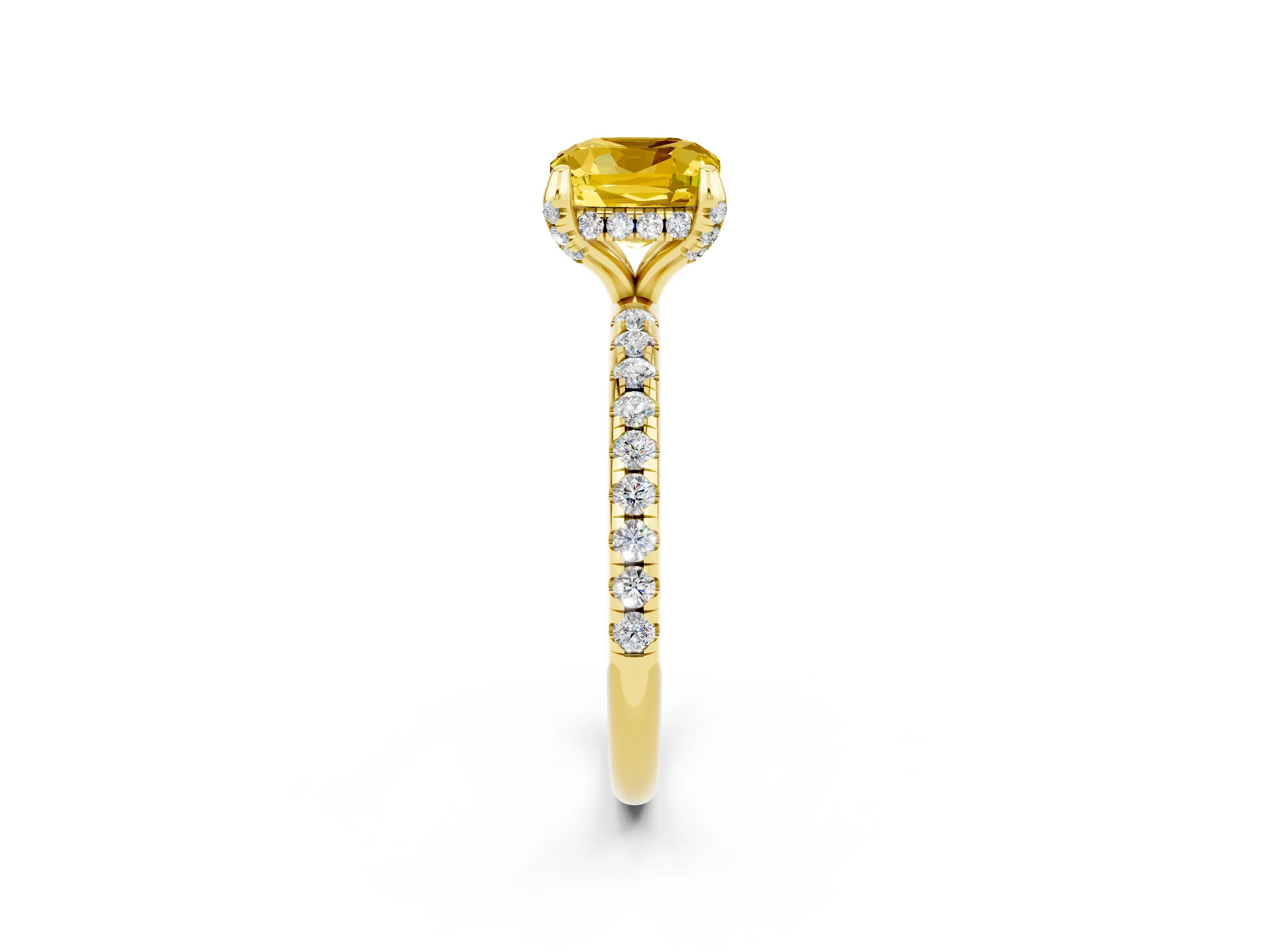 Yellow gold Cushion Cut Diamond Solitaire Ring with Four-Prong Setting and Pavé Band_2