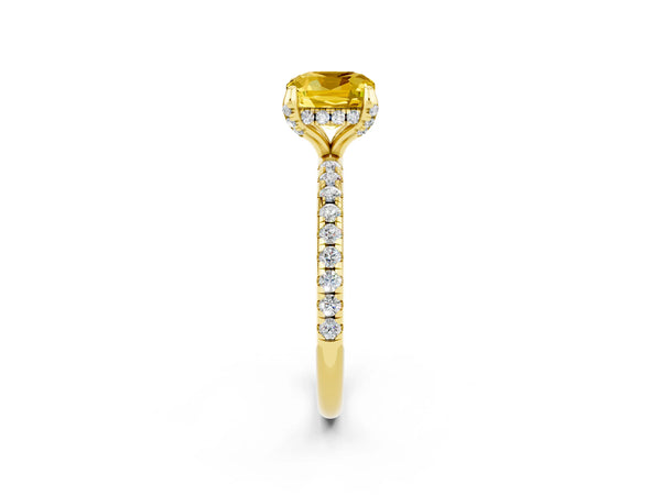Yellow gold Cushion Cut Yellow Sapphire Hidden Halo Engagement Ring with Round Pavé Band and Prong Setting