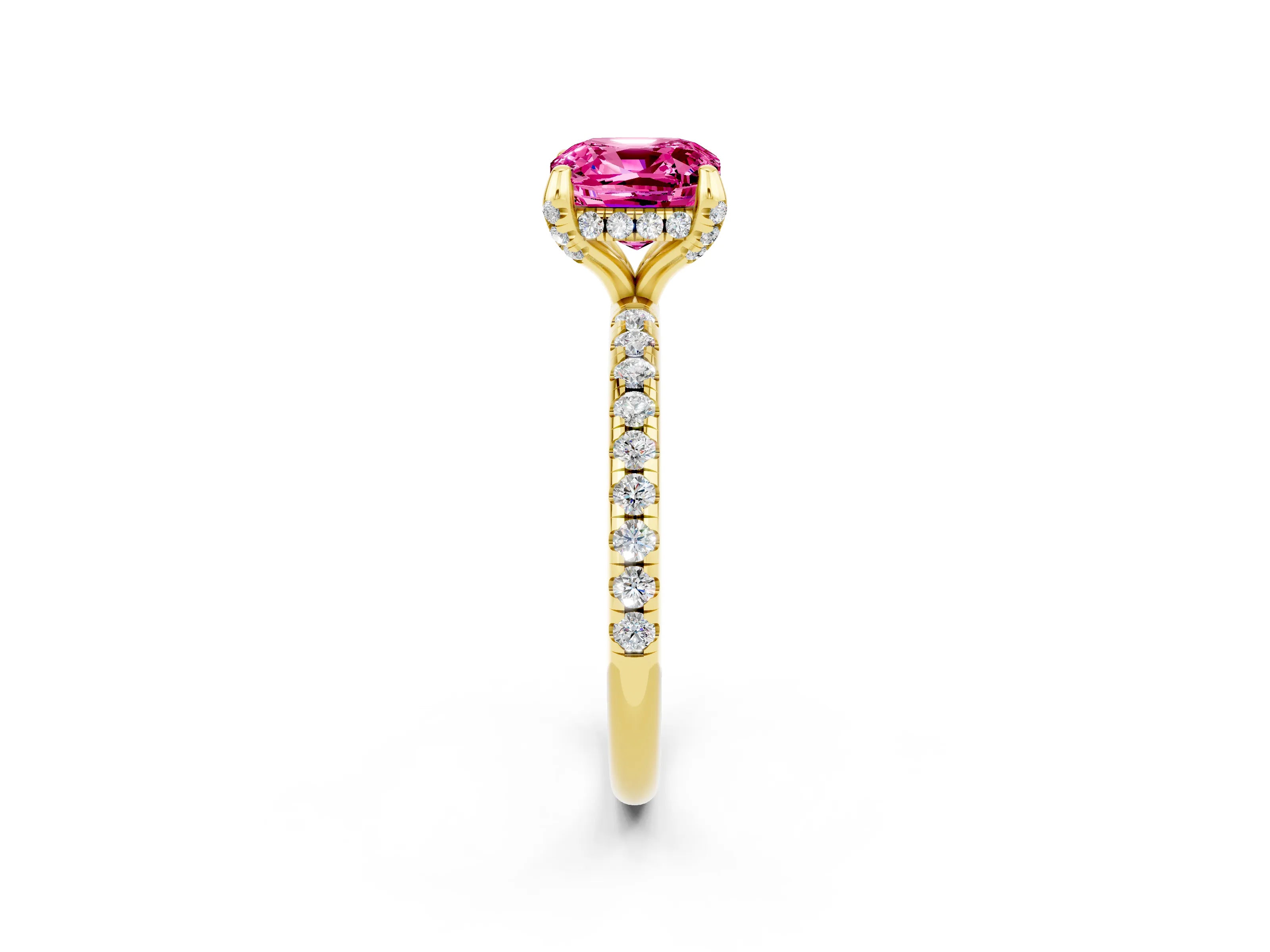 Yellow gold Cushion Cut Diamond Solitaire Ring with Four-Prong Setting and Pavé Band_2