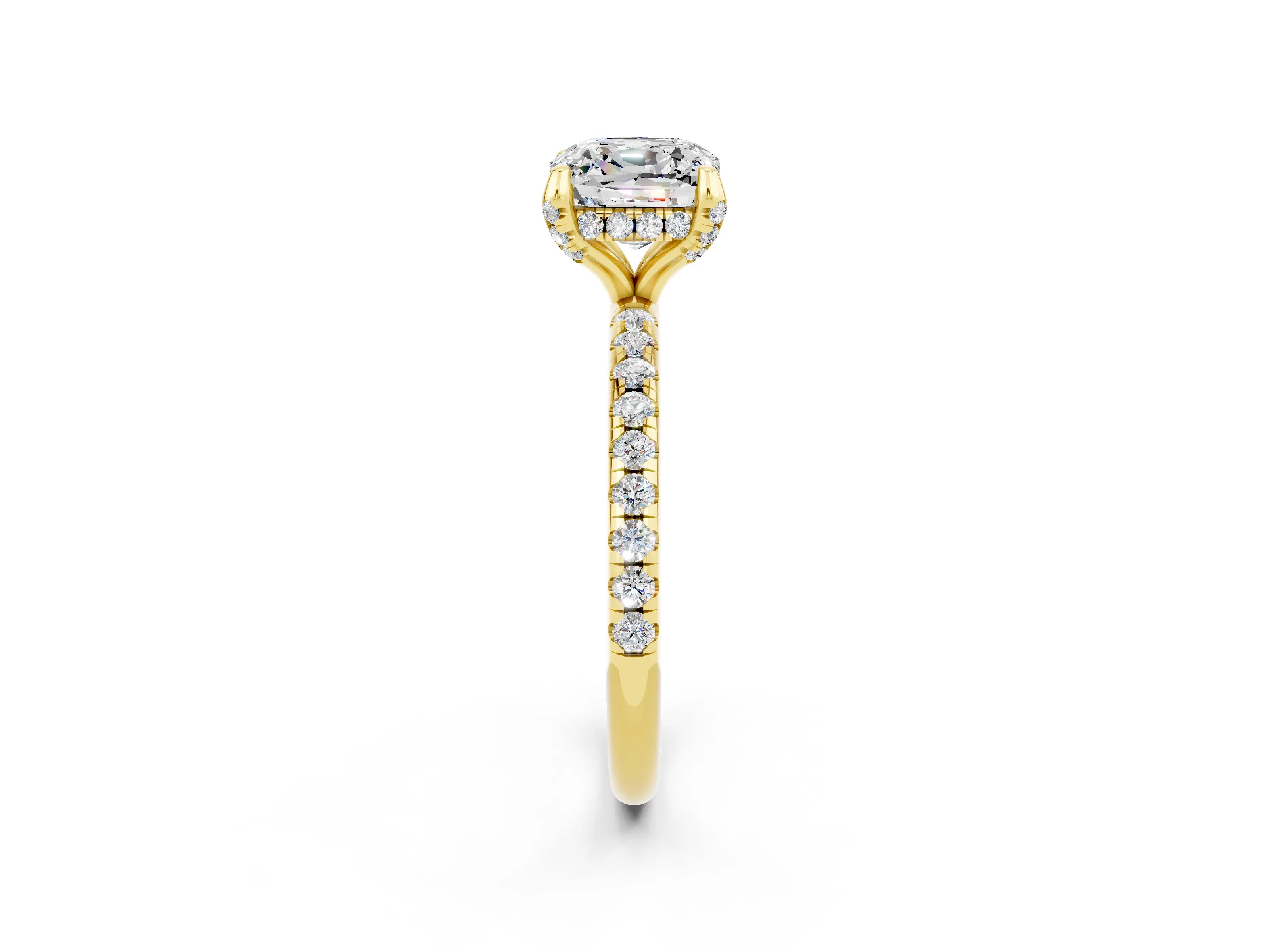 Yellow gold Cushion Cut Diamond Solitaire Ring with Four-Prong Setting and Pavé Band_2