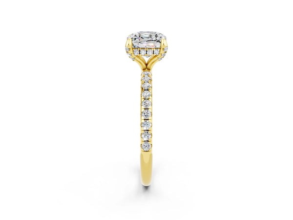 Yellow gold Cushion Cut Moissanite Hidden Halo Engagement Ring with Round Pavé Band and Prong Setting