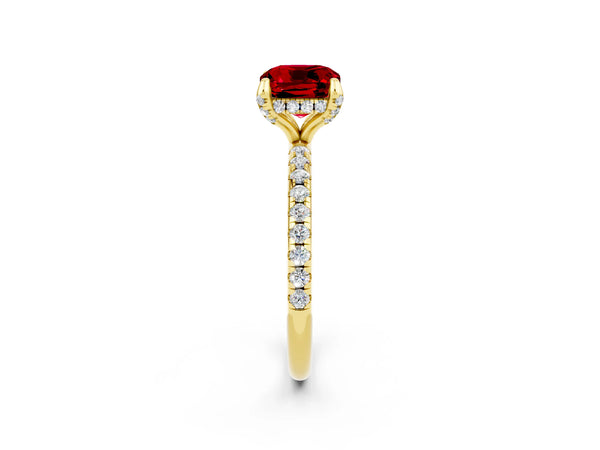 Yellow gold Cushion Cut Diamond Solitaire Ring with Four-Prong Setting and Pavé Band