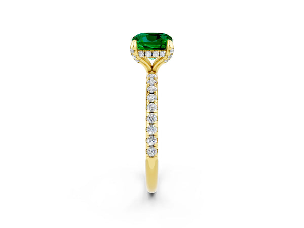 Yellow gold Cushion Cut Emerald Hidden Halo Engagement Ring with Round Pavé Band and Prong Setting