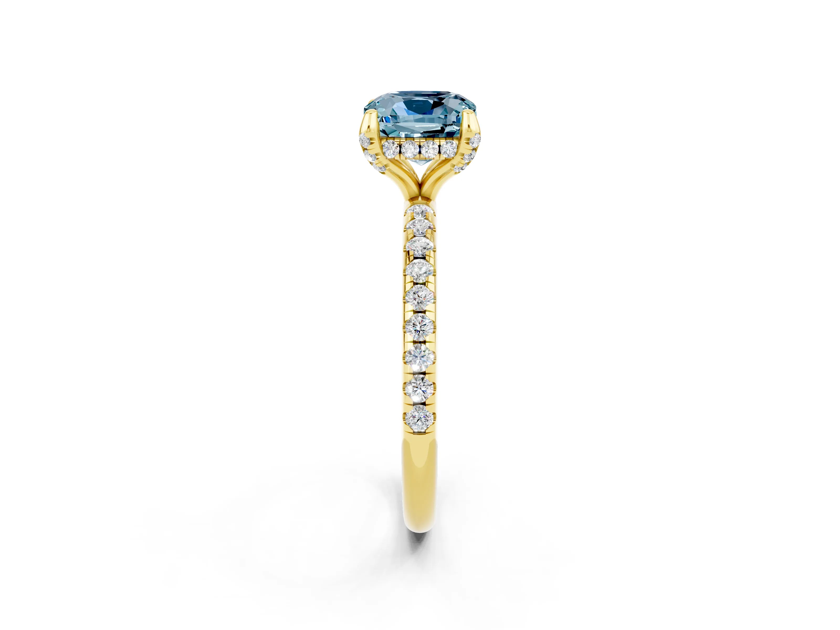 Yellow gold Cushion Cut Diamond Solitaire Ring with Four-Prong Setting and Pavé Band_2