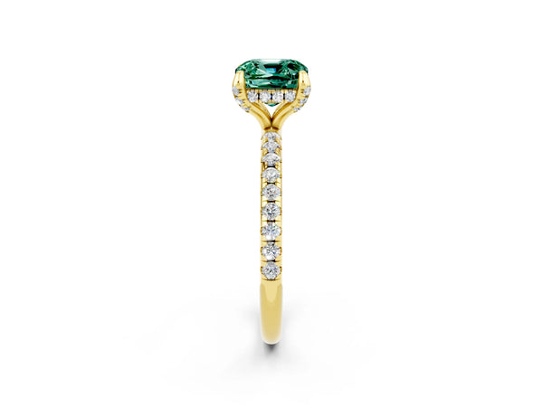 Yellow gold Cushion Cut Green Sapphire Hidden Halo Engagement Ring with Round Pavé Band and Prong Setting