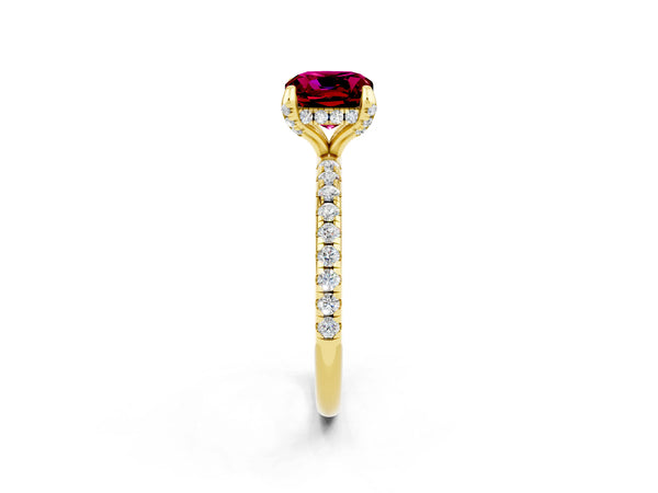 Yellow gold Cushion Cut Garnet Hidden Halo Engagement Ring with Round Pavé Band and Prong Setting