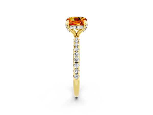Yellow gold Cushion Cut Citrine Hidden Halo Engagement Ring with Round Pavé Band and Prong Setting