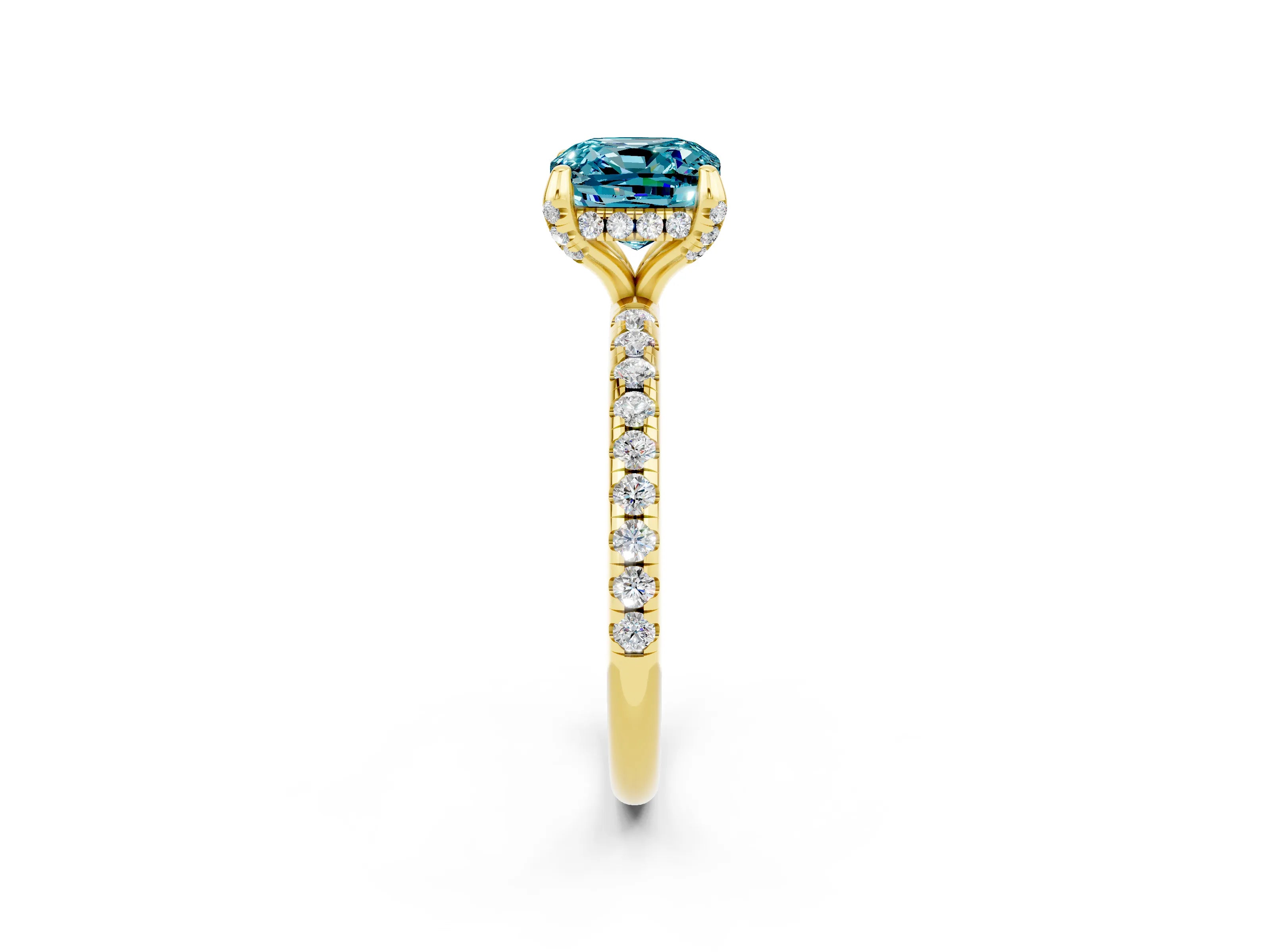Yellow gold Cushion Cut Diamond Solitaire Ring with Four-Prong Setting and Pavé Band_2