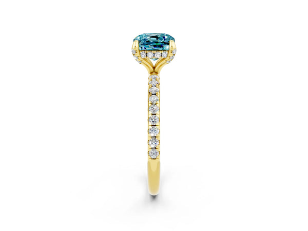 Yellow gold Cushion Cut Diamond Solitaire Ring with Four-Prong Setting and Pavé Band