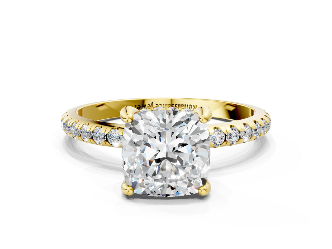 Yellow gold Cushion Cut Diamond Solitaire Ring with Four-Prong Setting and Pavé Band_3