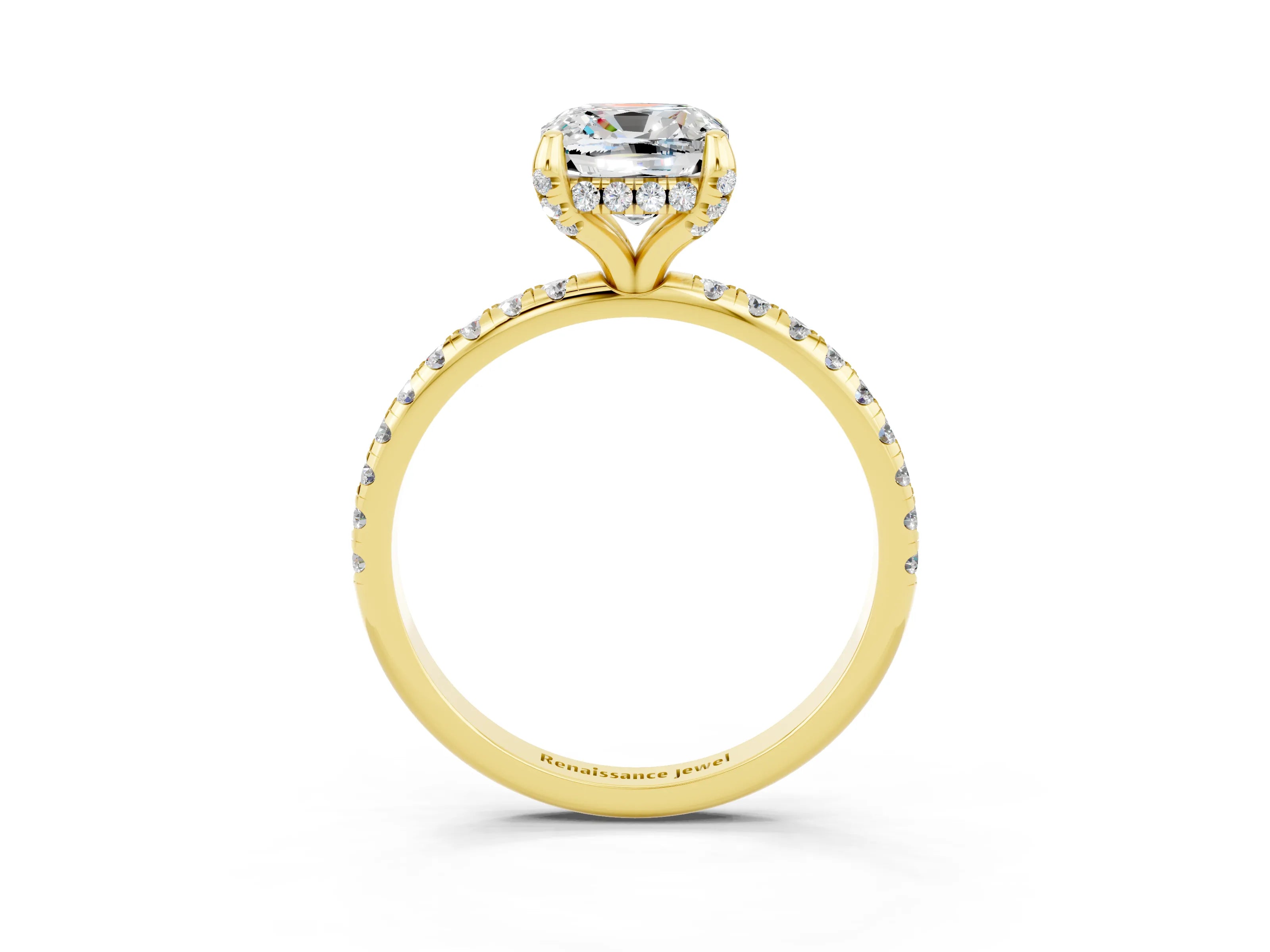 Yellow gold Cushion Cut Diamond Solitaire Ring with Four-Prong Setting and Pavé Band_3