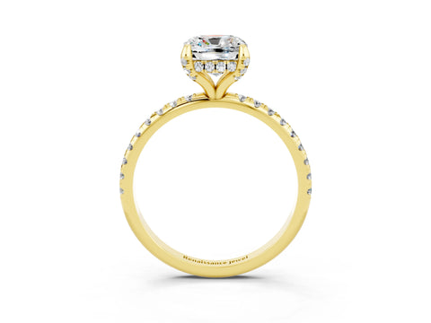 Yellow gold Cushion Cut Diamond Solitaire Ring with Four-Prong Setting and Pavé Band_3