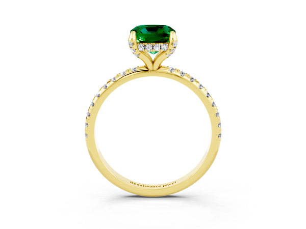 Yellow gold Cushion Cut Emerald Hidden Halo Engagement Ring with Round Pavé Band and Prong Setting