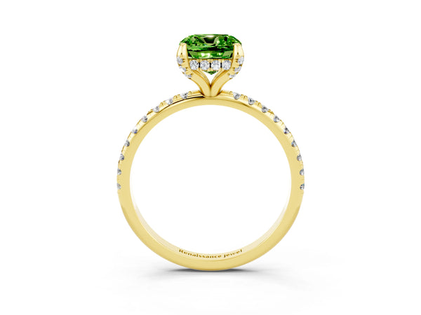 Yellow gold Cushion Cut Diamond Solitaire Ring with Four-Prong Setting and Pavé Band