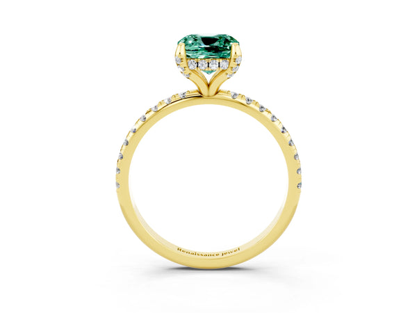 Yellow gold Cushion Cut Green Sapphire Hidden Halo Engagement Ring with Round Pavé Band and Prong Setting