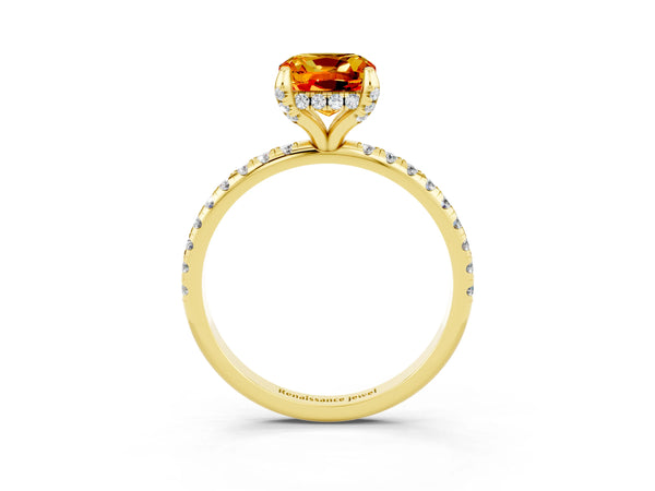 Yellow gold Cushion Cut Citrine Hidden Halo Engagement Ring with Round Pavé Band and Prong Setting