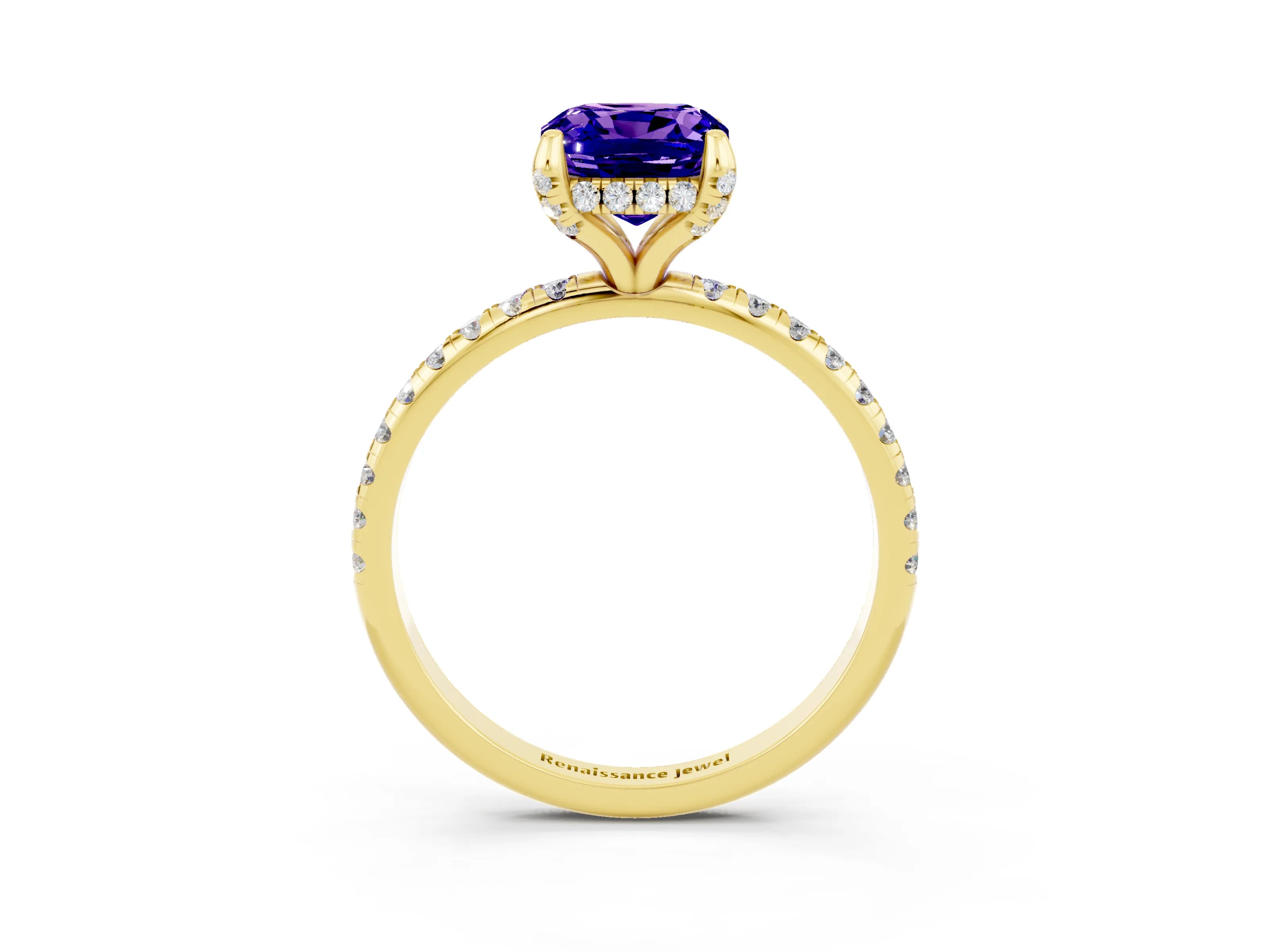 Yellow gold Cushion Cut Diamond Solitaire Ring with Four-Prong Setting and Pavé Band_3