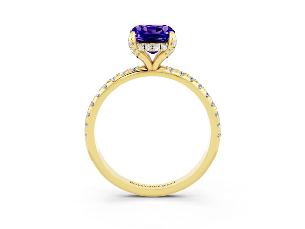 Yellow gold Cushion Cut Tanzanite Hidden Halo Engagement Ring with Round Pavé Band and Prong Setting