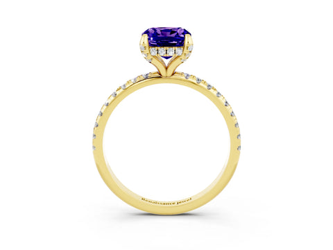 Yellow gold Cushion Cut Diamond Solitaire Ring with Four-Prong Setting and Pavé Band_3