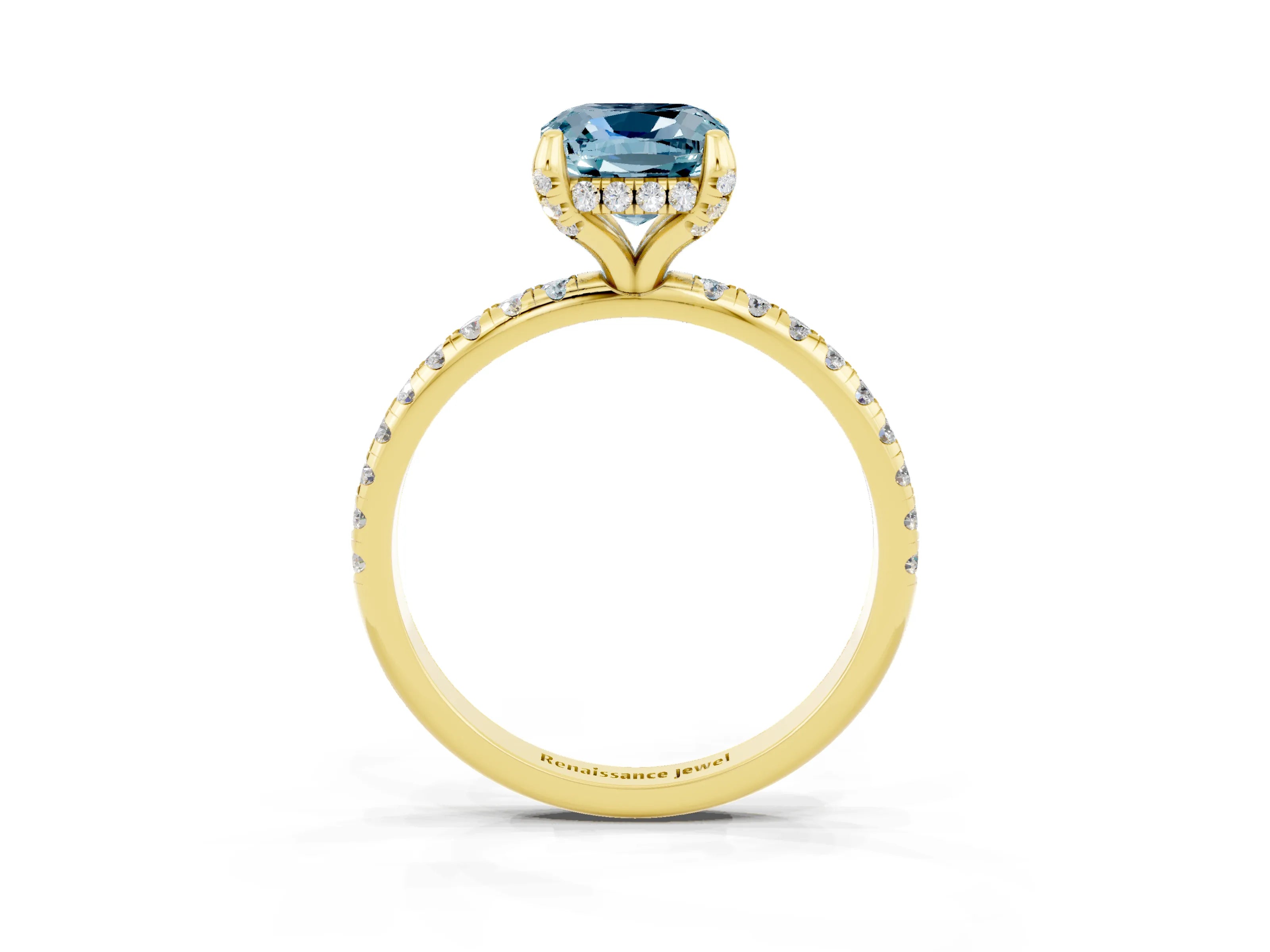 Yellow gold Cushion Cut Diamond Solitaire Ring with Four-Prong Setting and Pavé Band_3